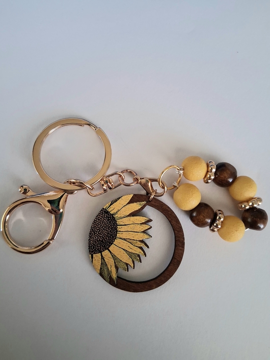 Handmade Accessories - Sunflower Wood Keychain with Yellow Bead Charm